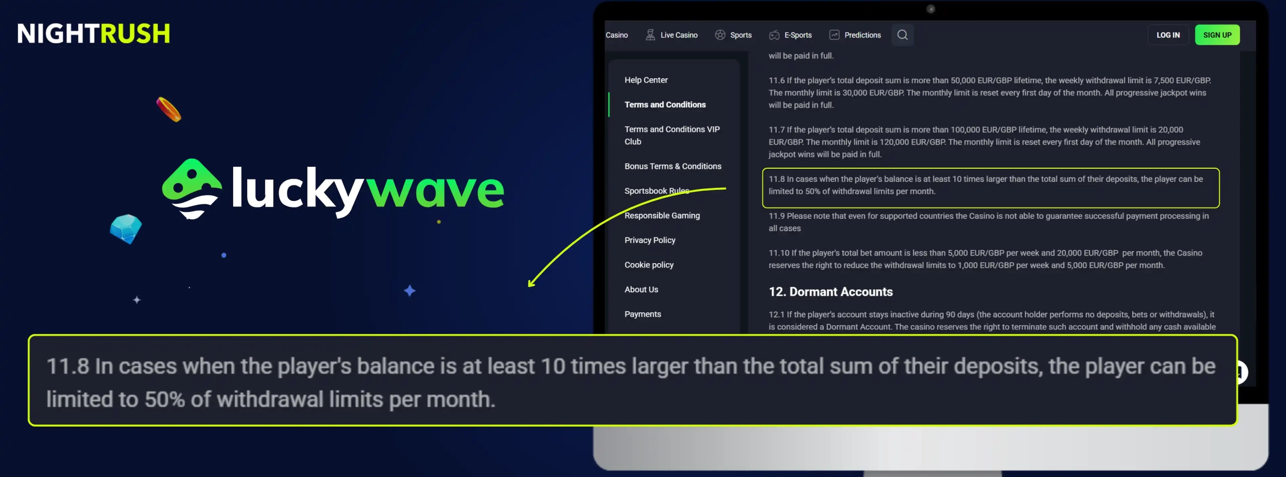 LuckyWave Casino's terms about withdrawal limits against a starry background.