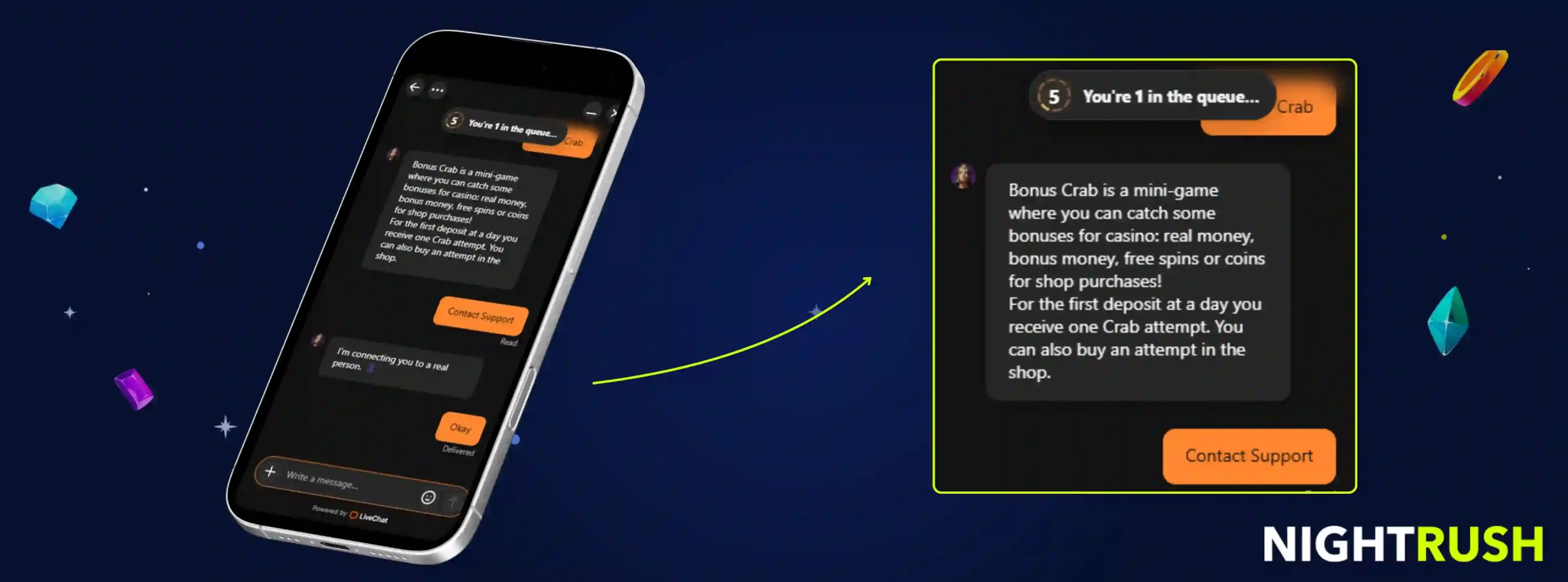 Betoranje Casino's live chat about Bonus Crabs against a starry background.