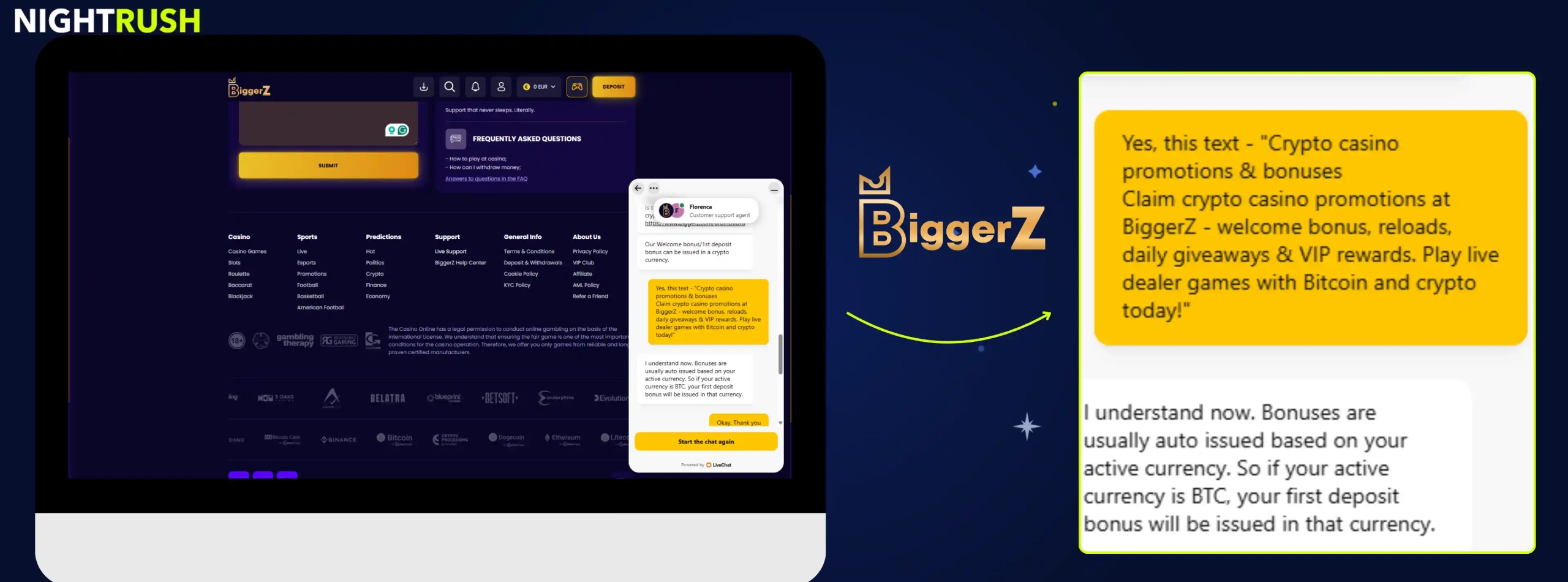 BiggerZ Casino's live chat highlighted against a blue background.