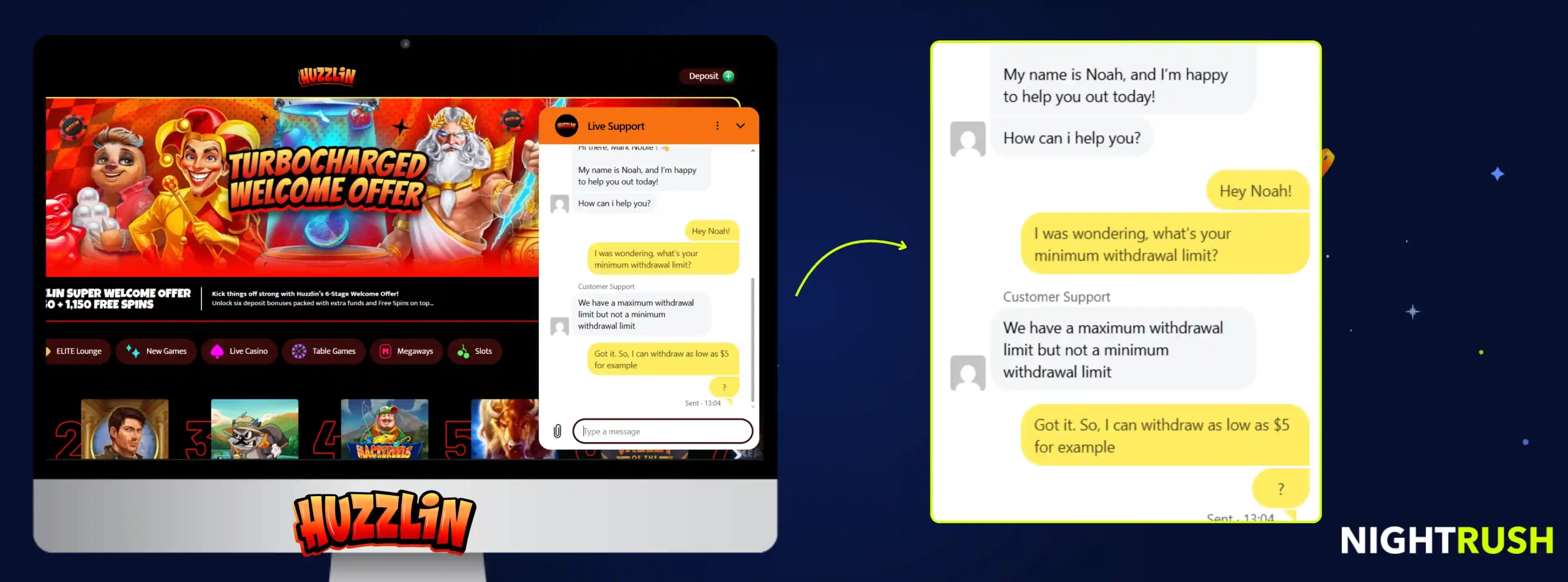 Huzzlin Casino's live chat between the agent and the Nightrush editor against a starry background.
