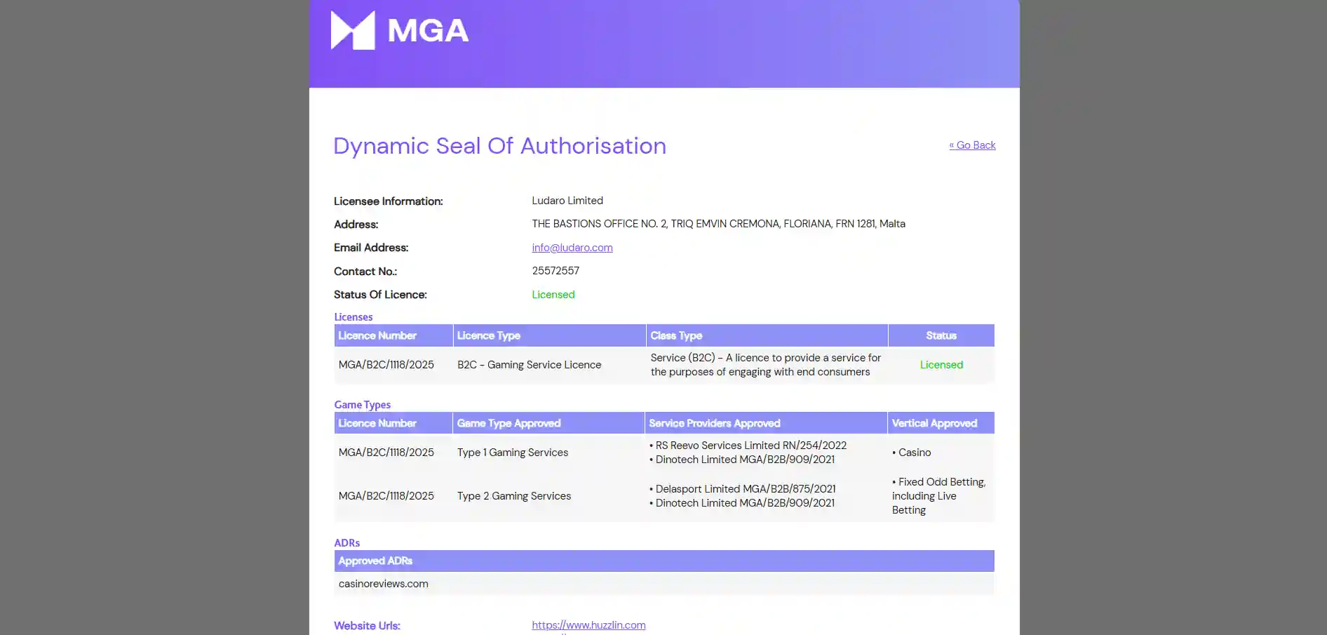 Huzzlin Casino's MGA licence details against a grey/white background.
