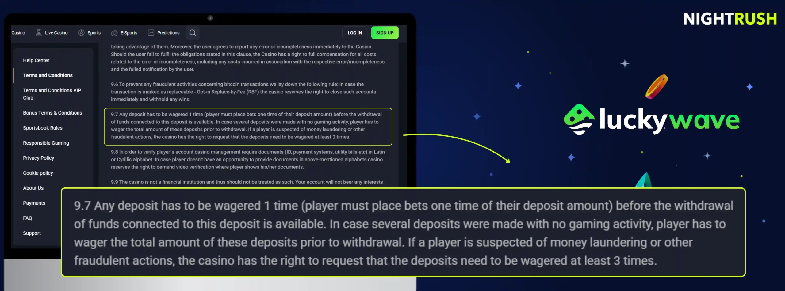 LuckyWave Casino's terms about the 3x wagering against a starry background.