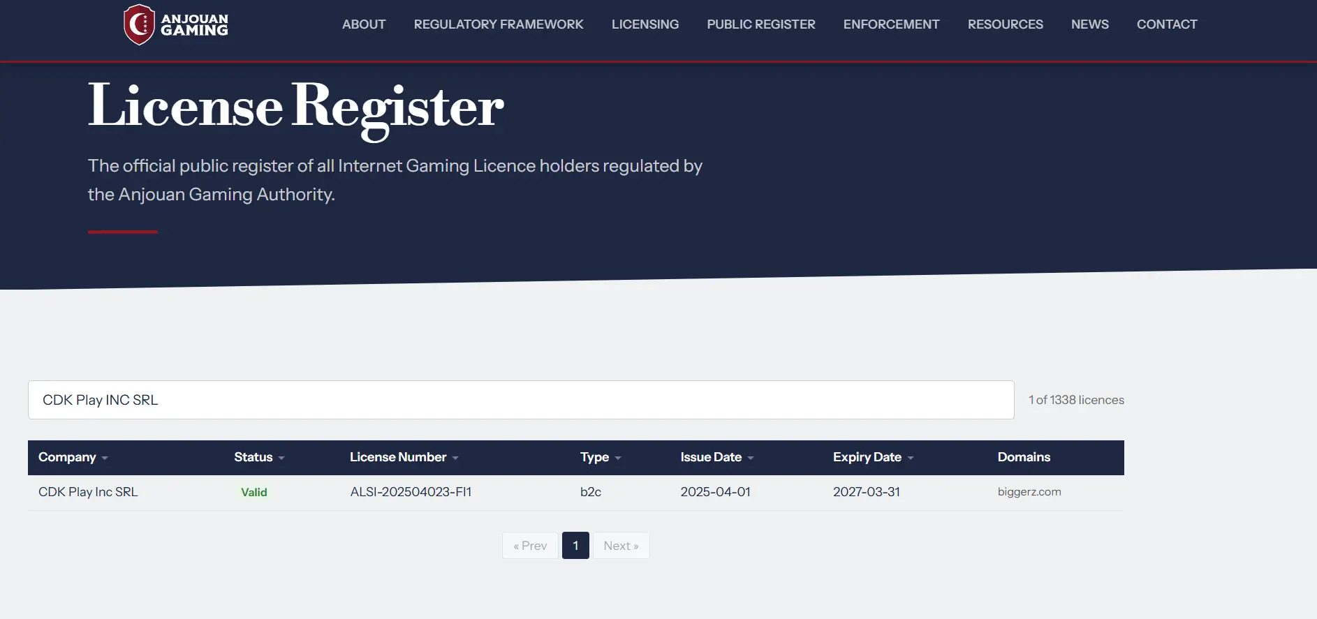 BiggerZ Casino's Anjouan licence on the Anjouan Gaming website against a white background.