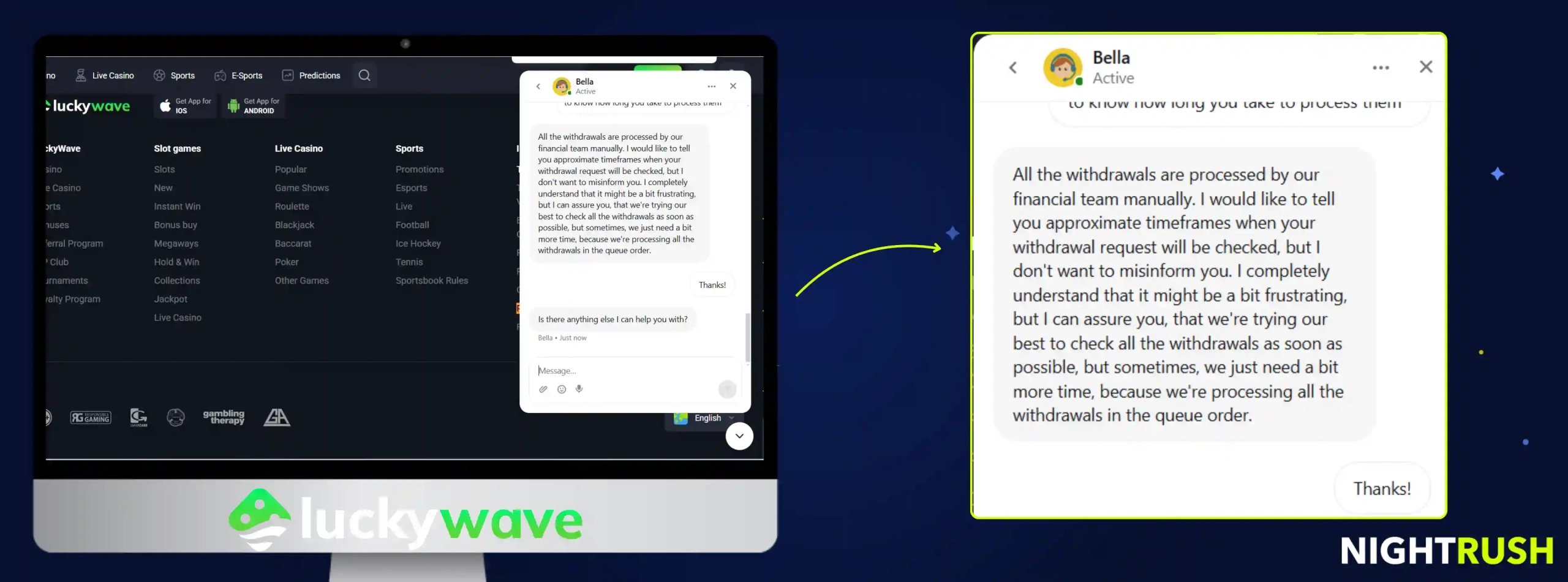 LuckyWave Casino's live chat about the withdrawal process against a starry background.