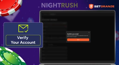 Email confirmation at Betoranje Casino with two chips and a verify button.