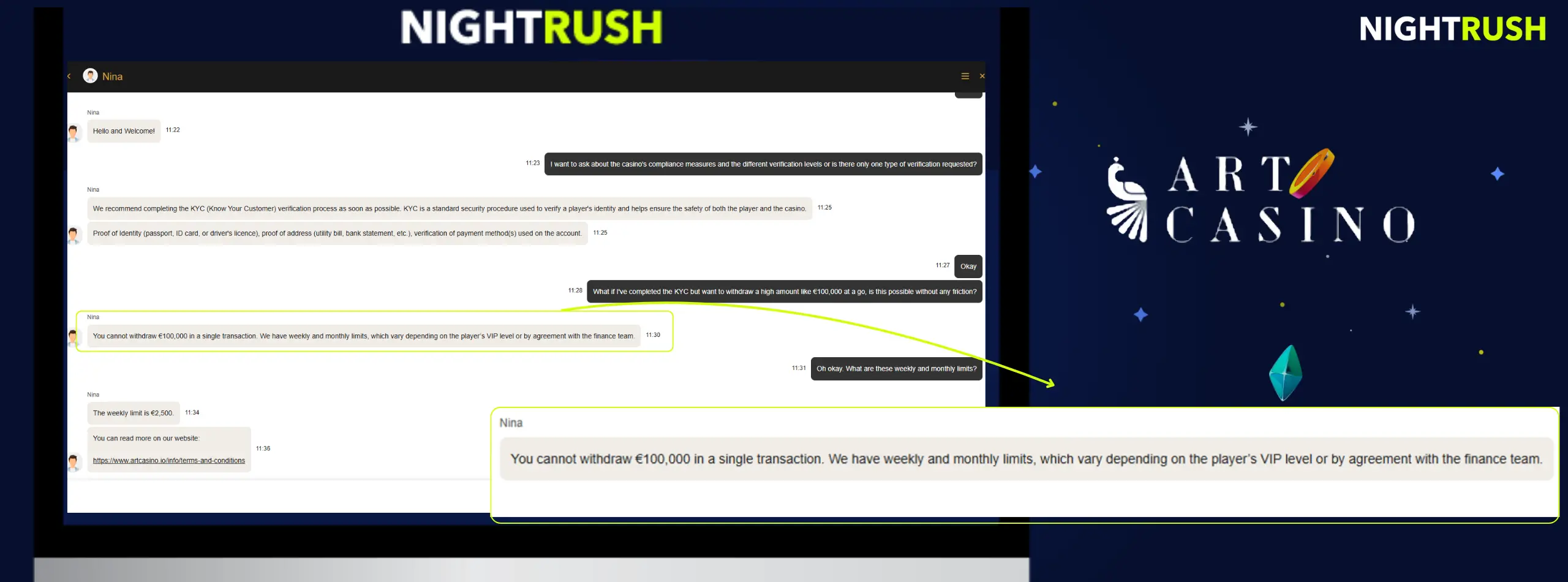 ArtCasino live chat conversation