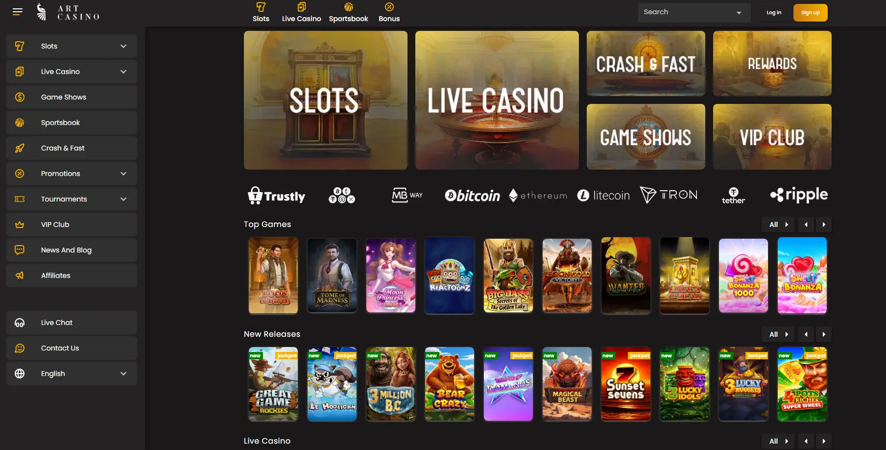 ArtCasino homepage screen