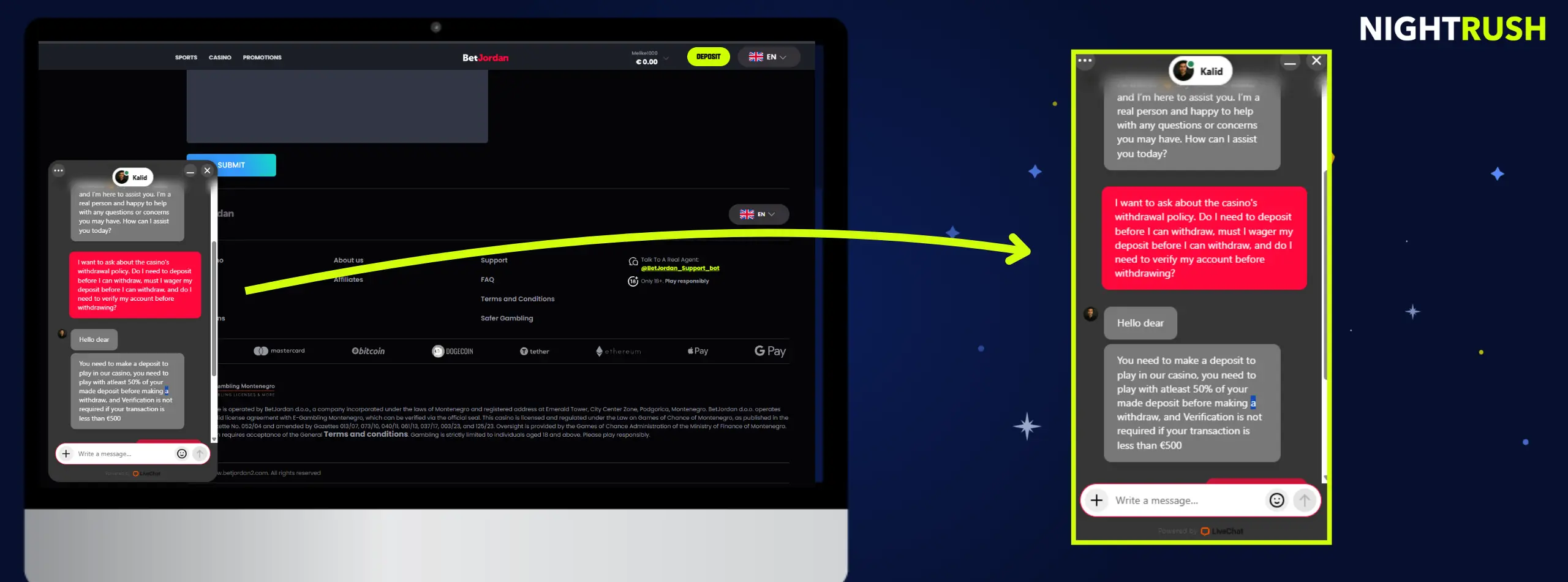 Live chat with BetJordan Casino.