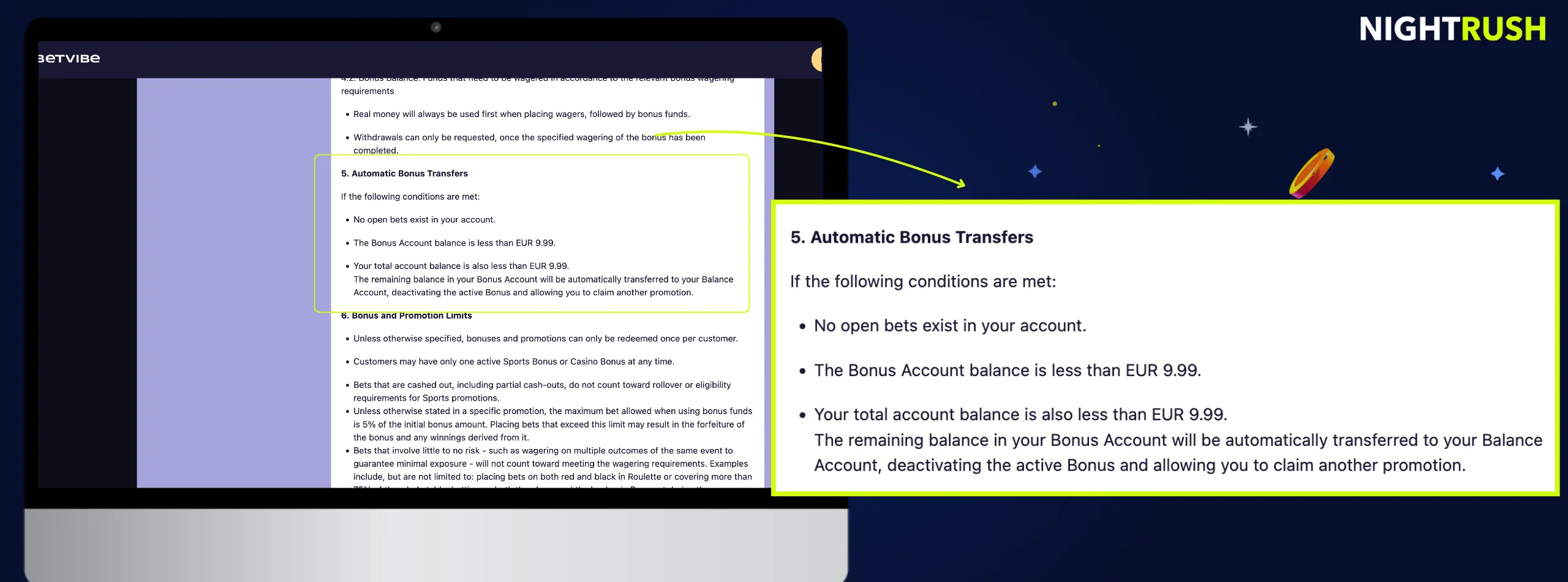 Laptop screen displaying promotional terms, highlighting the Automatic Bonus Transfers rule.