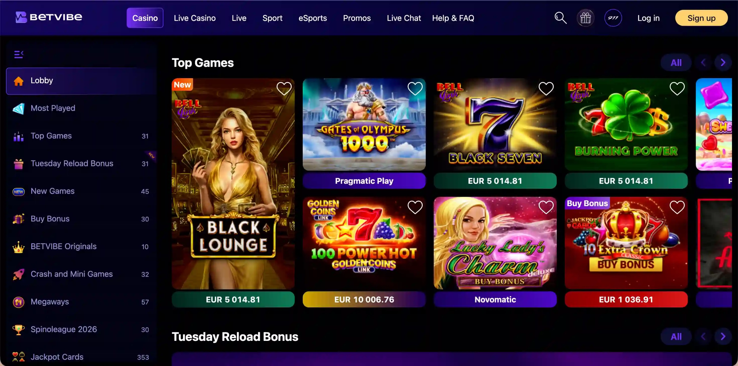 Betvibe Casino game selection.