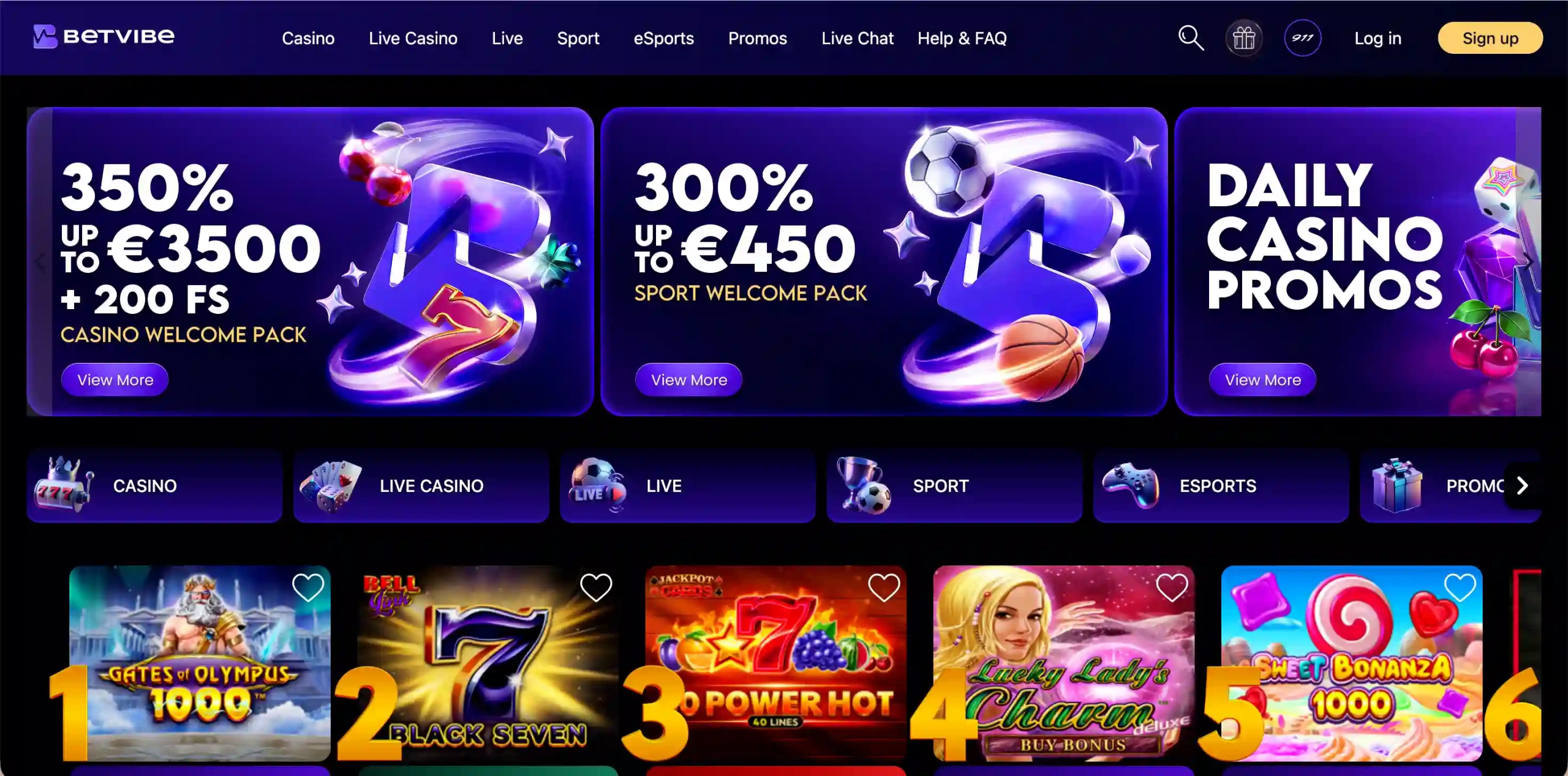 Betvibe Casino homepage.