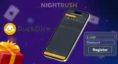 Smartphone displaying the DuckDice registration page next to a Register prompt graphic and a wrapped gift box.