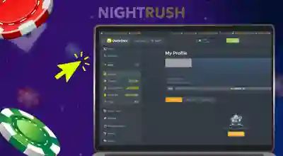 Laptop displaying the DuckDice dashboard with the side menu open, highlighted by a neon yellow cursor arrow and poker chips.