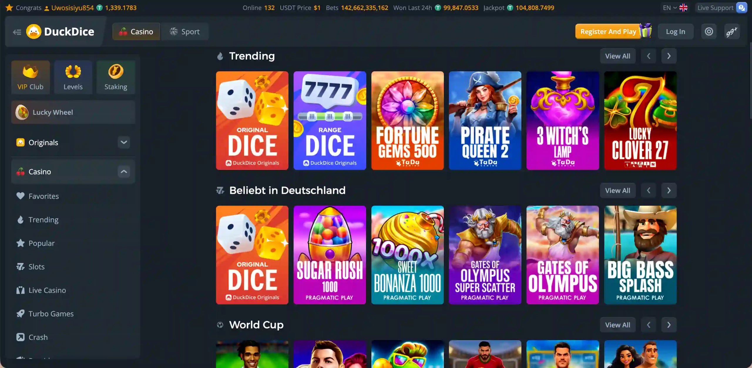 DuckDice Casino game selection.