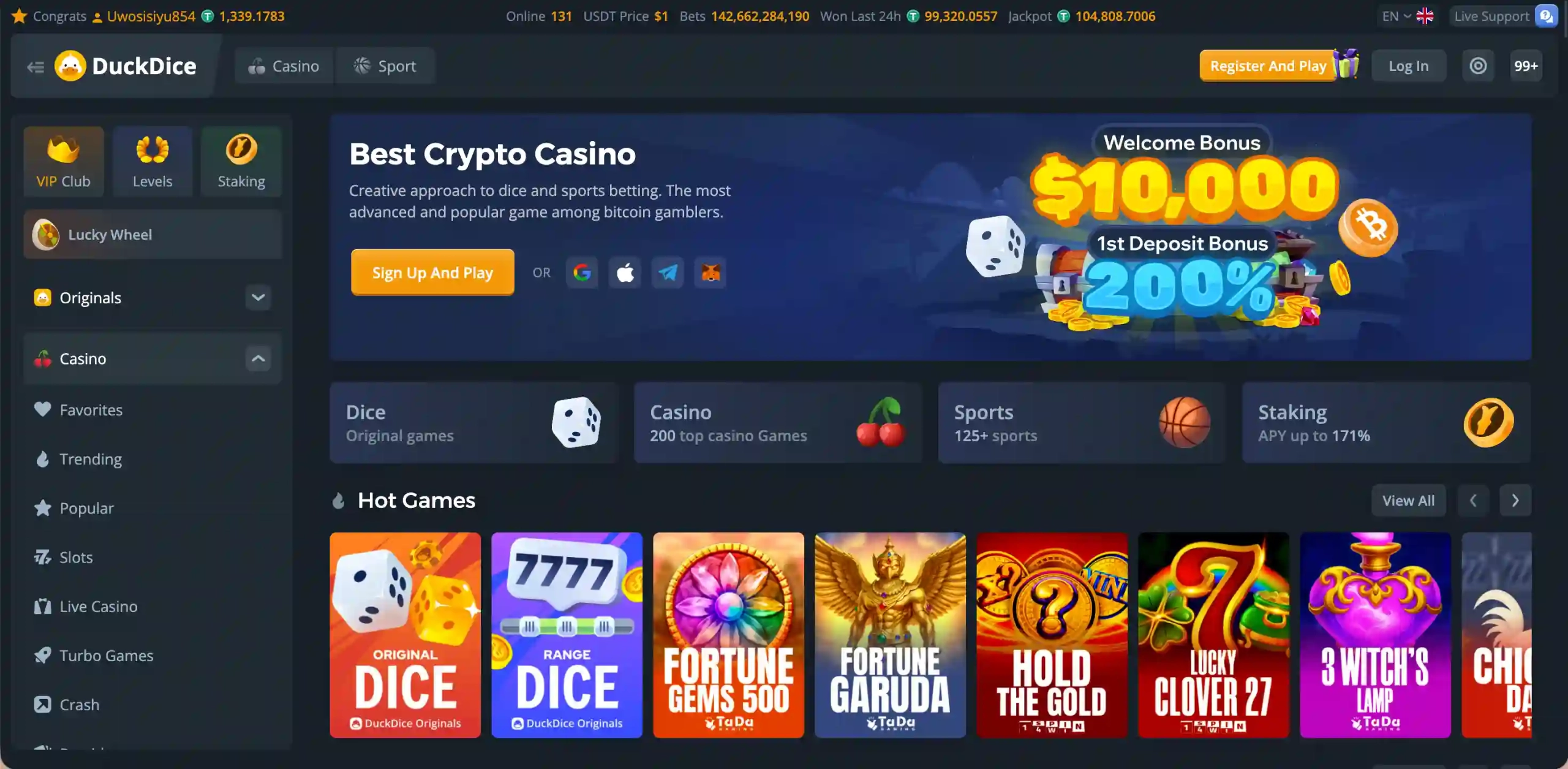 DuckDice Casino homepage.