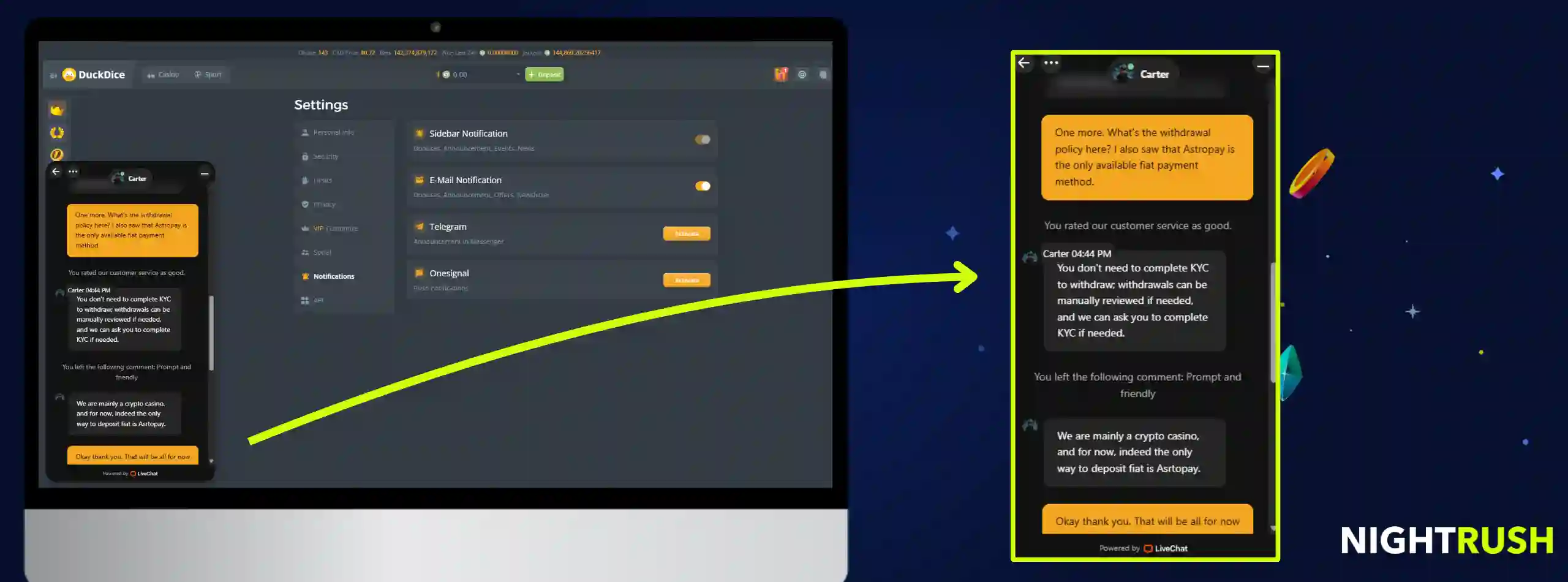 Live chat with DuckDice Casino.