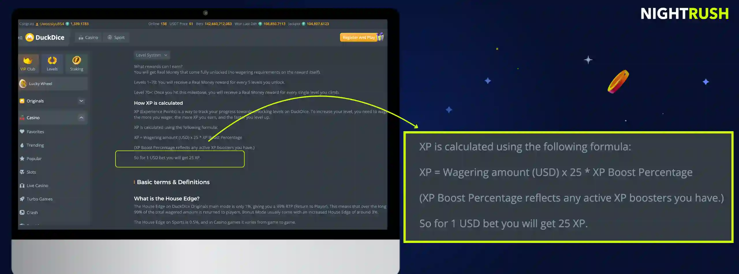 Laptop screen showcasing the DuckDice platform, highlighting the text and formula used to calculate user Experience Points (XP).