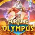 A muscular Zeus wielding a glowing blue trident below the Fortune of Olympus text logo