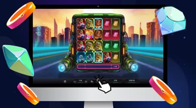 Laptop shows Galactic Racers Dream Drop Slot bet pop up, cursor on +.