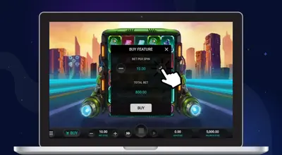 Laptop shows Galactic Racers Dream Drop Slot gameplay, cursor on spin.