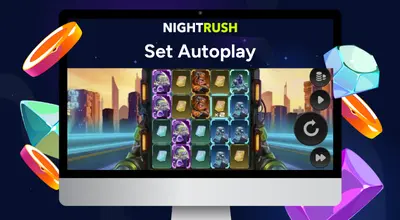 Laptop shows Galactic Racers Dream Drop Slot with a title of Set Autoplay.