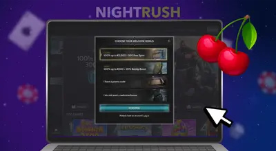 Laptop displaying a welcome bonus selection pop-up menu featuring a floating cherry graphic.