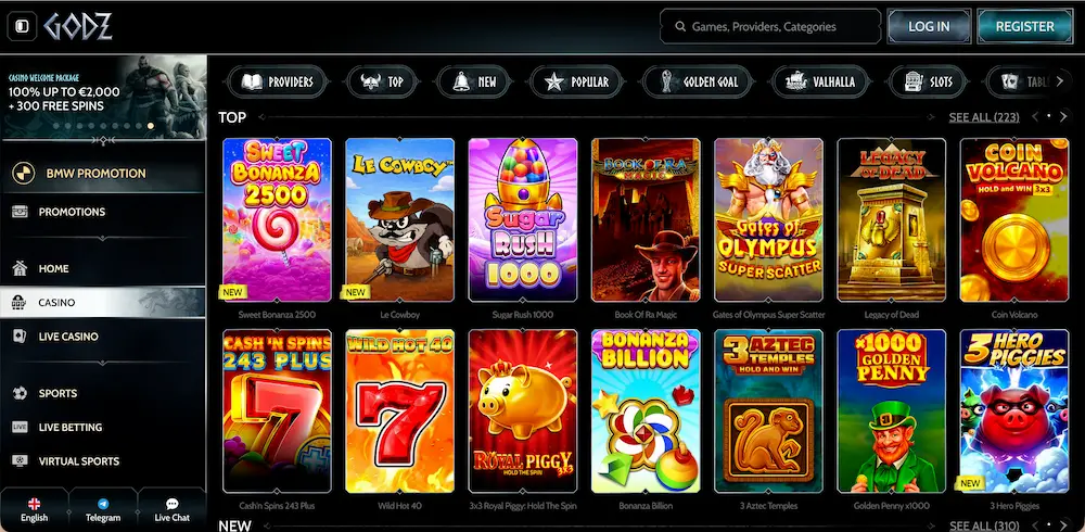 Godz Casino game selection.