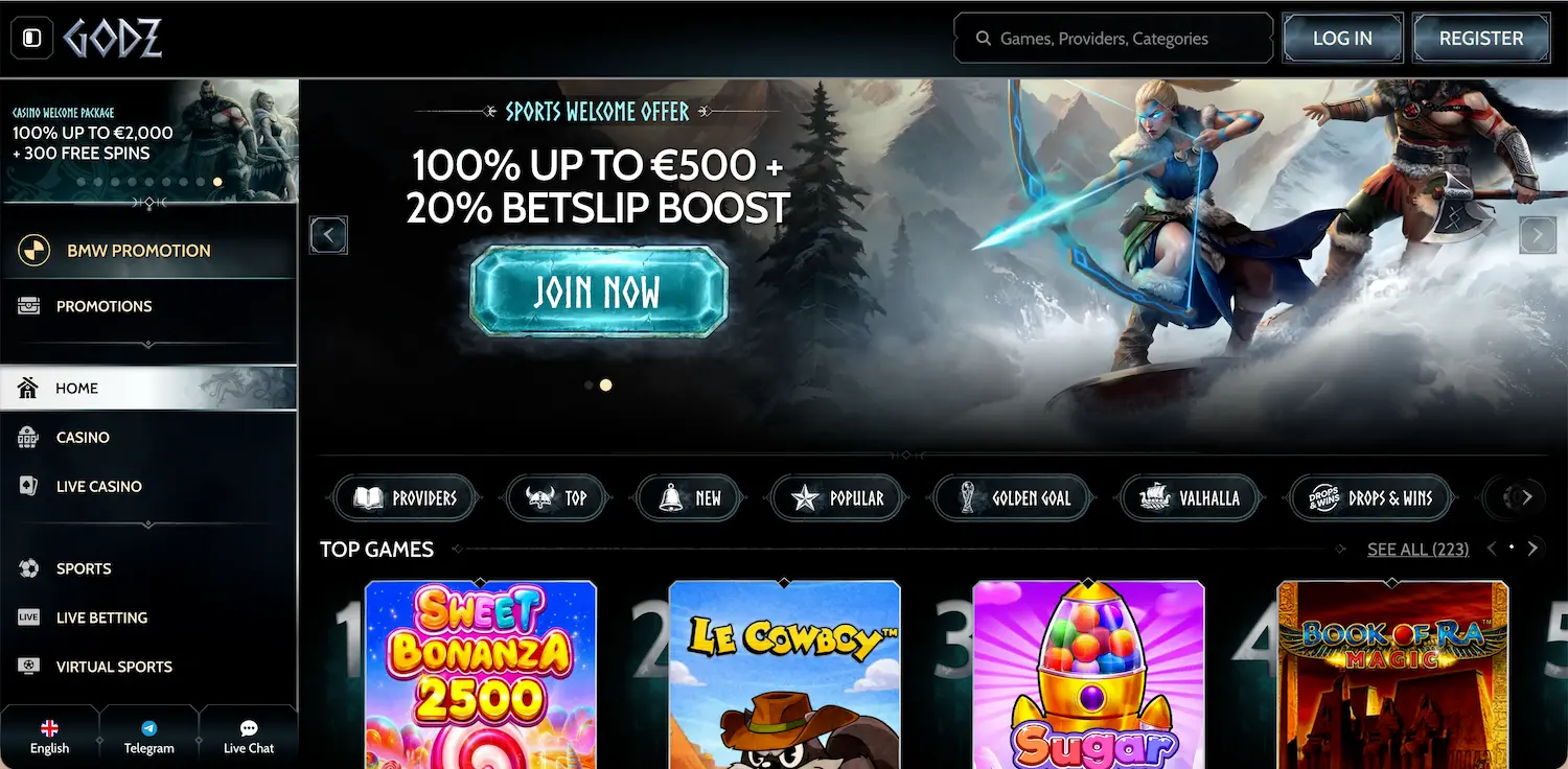 Godz Casino homepage.
