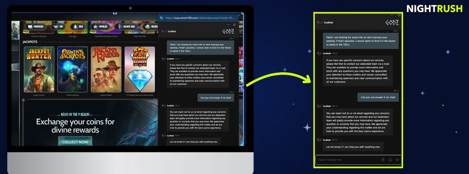 Live chat with Godz Casino.
