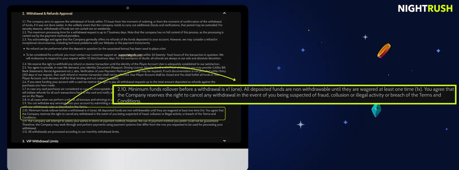 Laptop displaying a withdrawal policy text document with a magnified section highlighting a 1x funds rollover requirement.