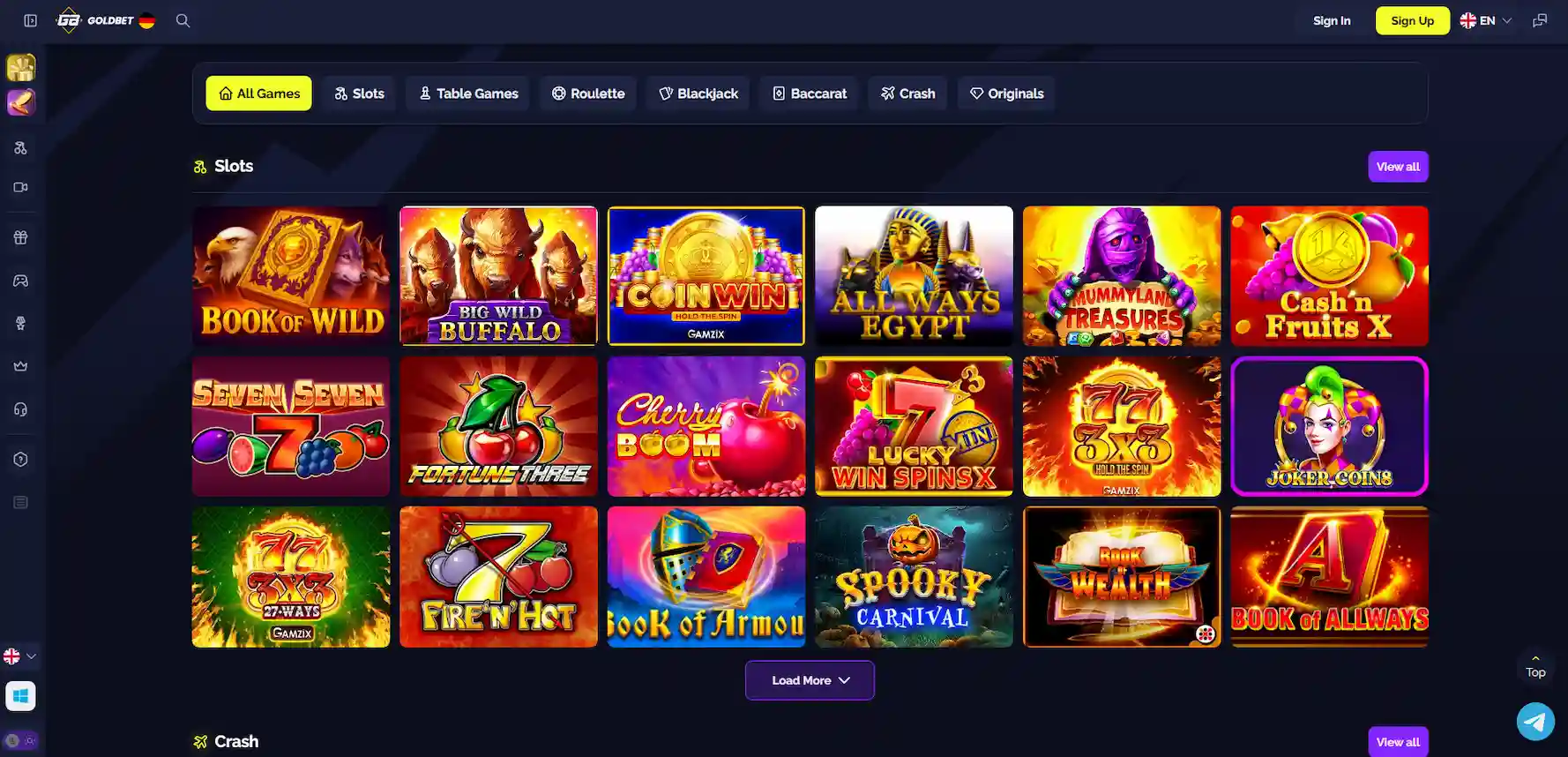 Goldbet Casino homepage screen