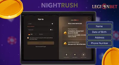 LegionBet Casino registration on a laptop with two coins floating.