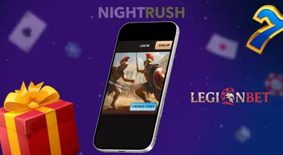 LegionBet Casino promos on a phone with a seven and a gift box floating.