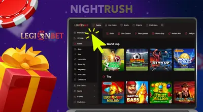 LegionBet Casino main page on a laptop with a coin and a gift box floating.