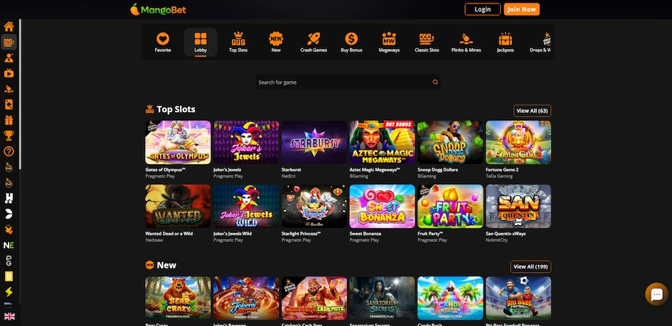 MangoBet Casino games page