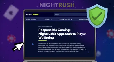 Laptop screen showing a responsible gaming policy page with a green shield icon.