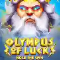 Game art for Olympus of Luck featuring a close-up of a stern Zeus with glowing blue eyes and lightning bolts.