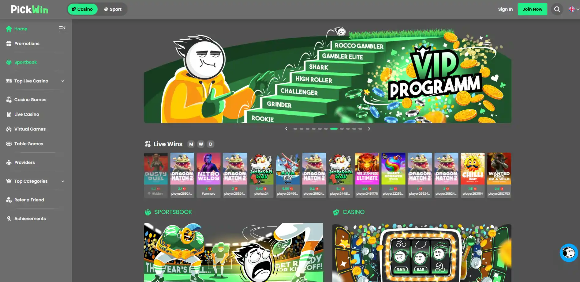 PickWin Casino homepage