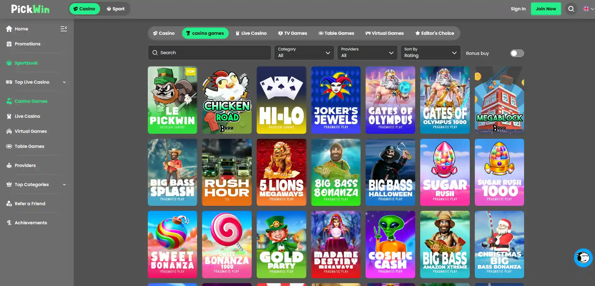 PickWin Casino games page