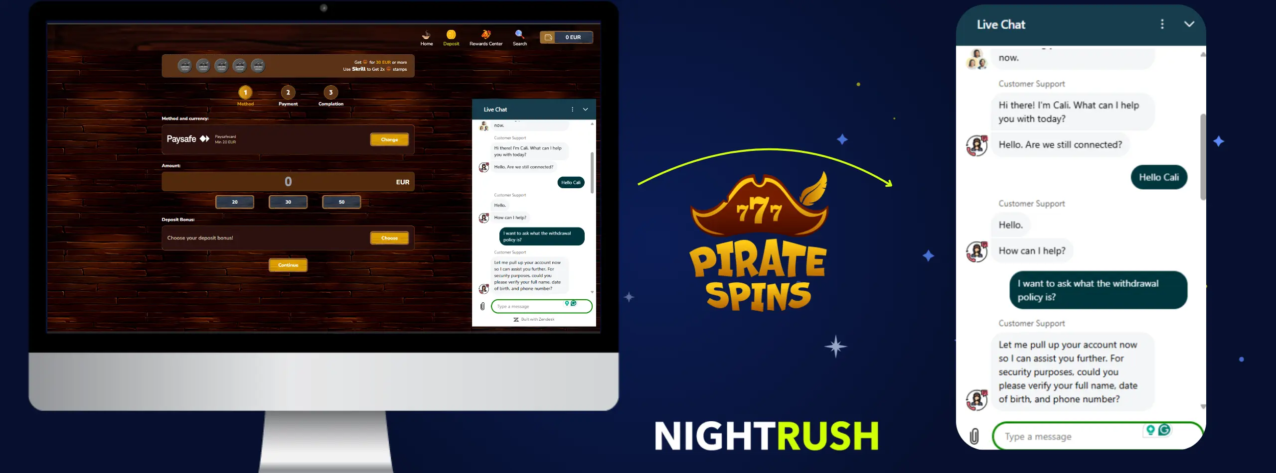 Pirate Spins live chat conversation