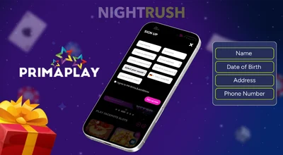 Smartphone screen showing a dark sign-up page with the colorful PrimaPlay star logo.