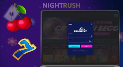 Laptop displaying a PrimaPlay log-in window with floating cherries and a lucky seven.