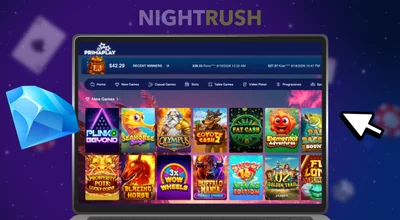 Laptop screen displaying the PrimaPlay casino slot games catalog.