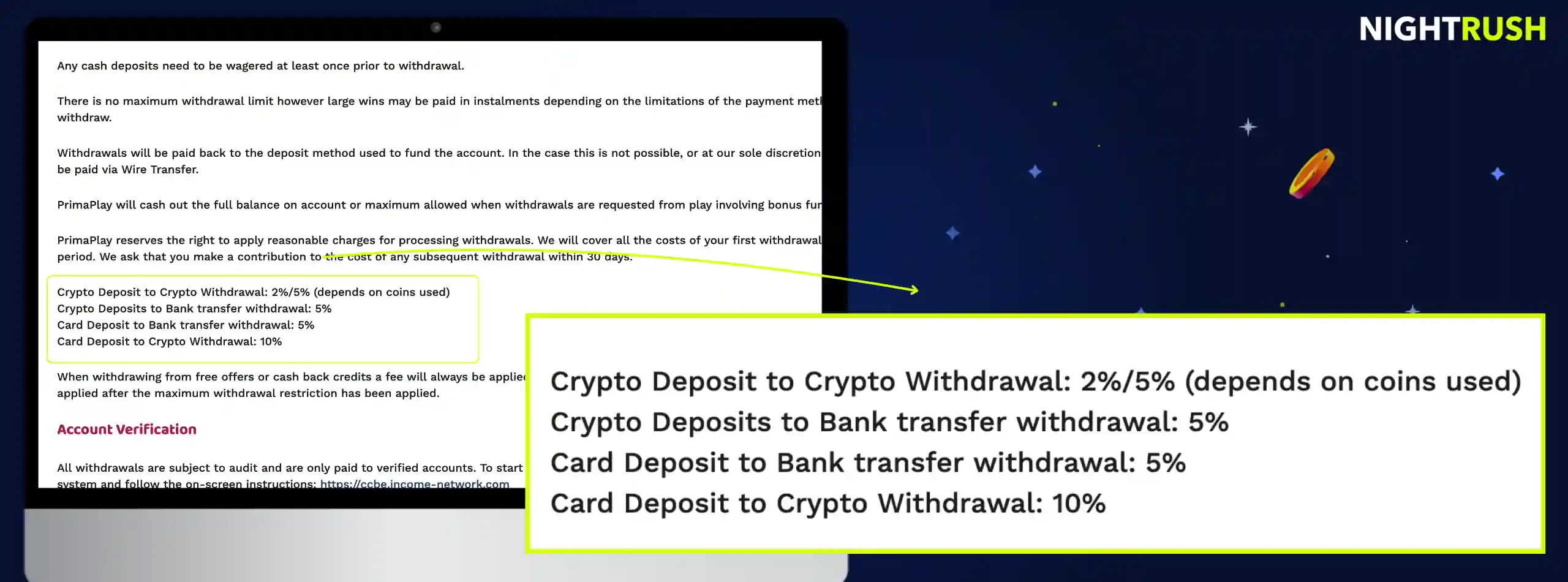 Laptop screen highlighting a breakdown of deposit and withdrawal transaction fees.