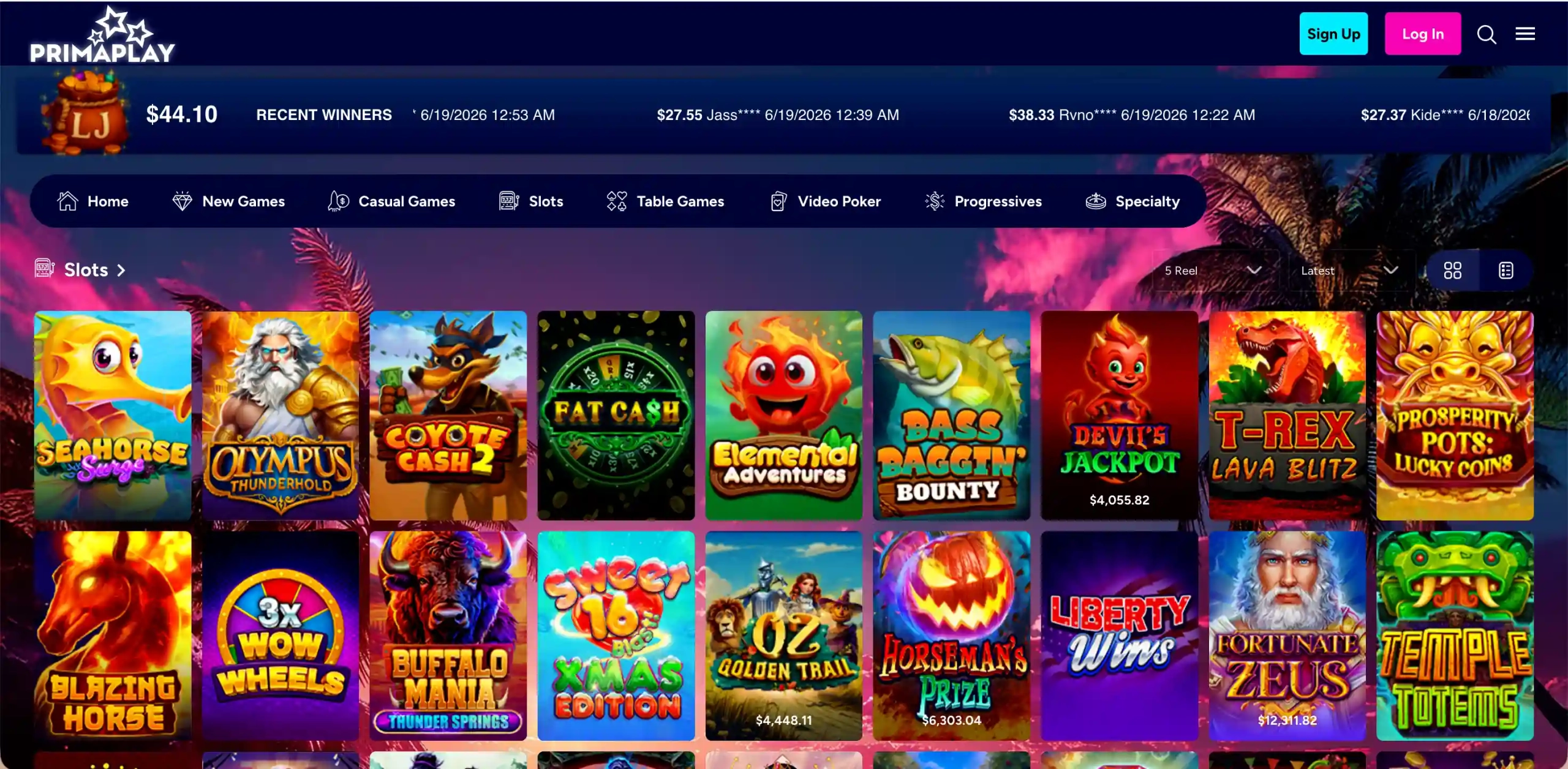 PrimaPlay Casino game selection.