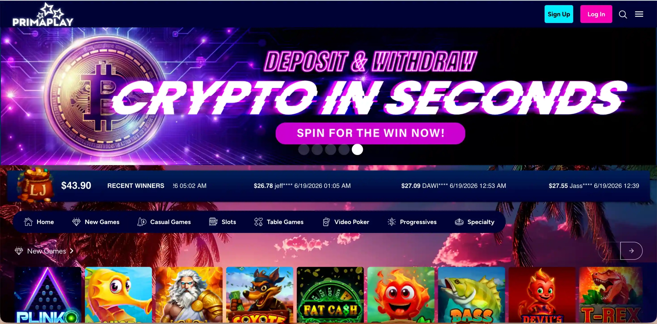 PrimaPlay Casino homepage.