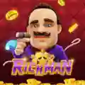 Cartoon illustration of a man with a mustache holding a cigar, featuring the text RICH MAN.