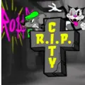 Game logo for R.I.P. City stylised on a tombstone tomb cross backdrop with cartoon animal characters.