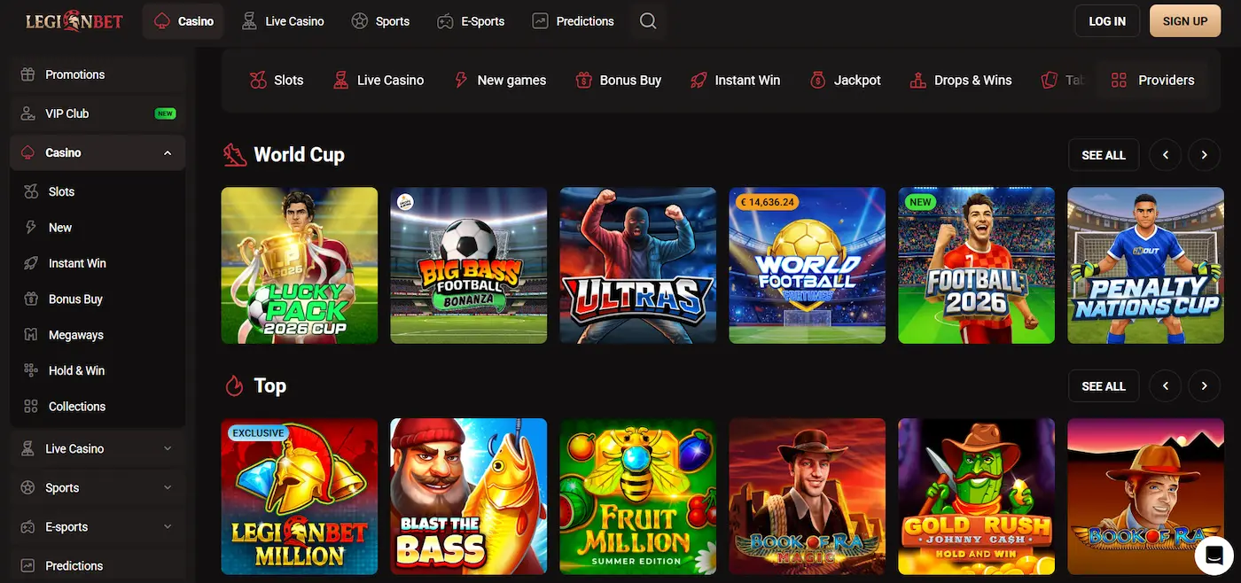 LegionBet Casino's main page with selected slots and World Cup games.