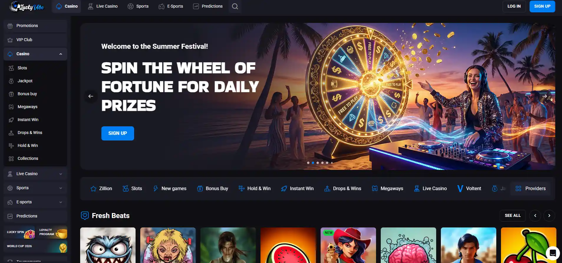Lucky Vibe Casino's landing page with a promotional banner.